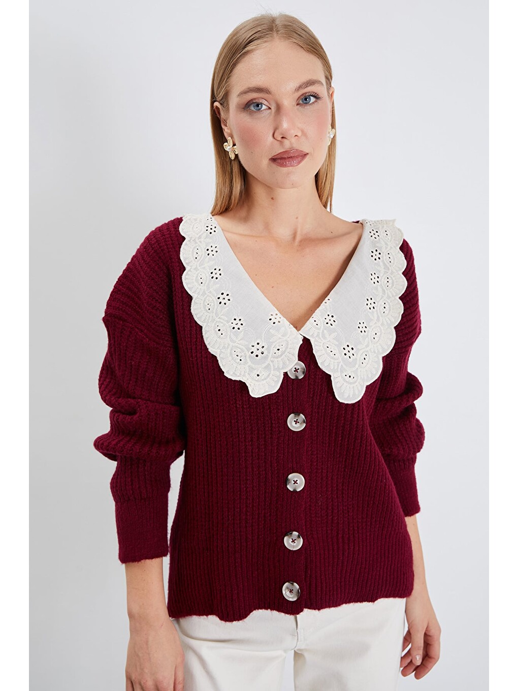 Bordo Güpürlü Bebe Yaka Düğmeli Triko Hırka-3
