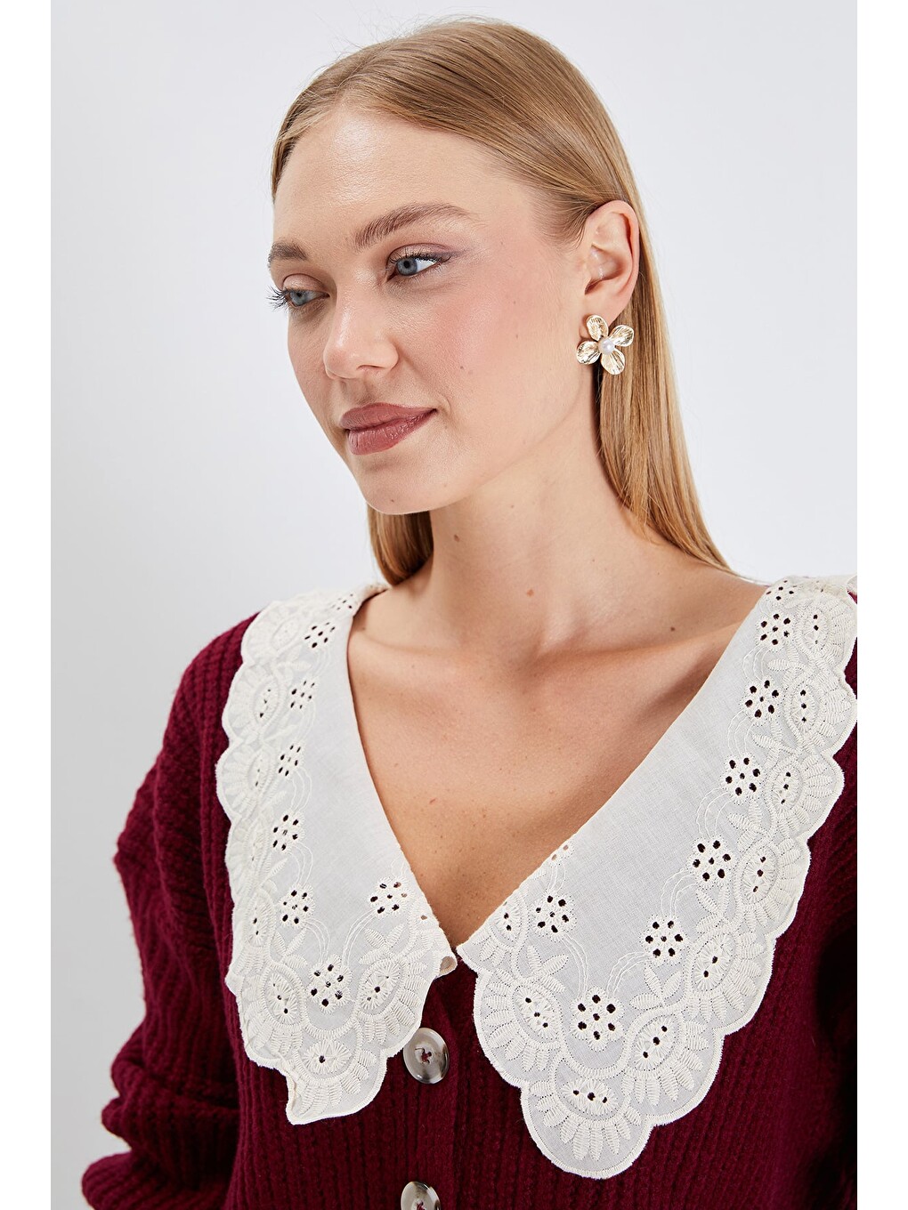 Bordo Güpürlü Bebe Yaka Düğmeli Triko Hırka-4