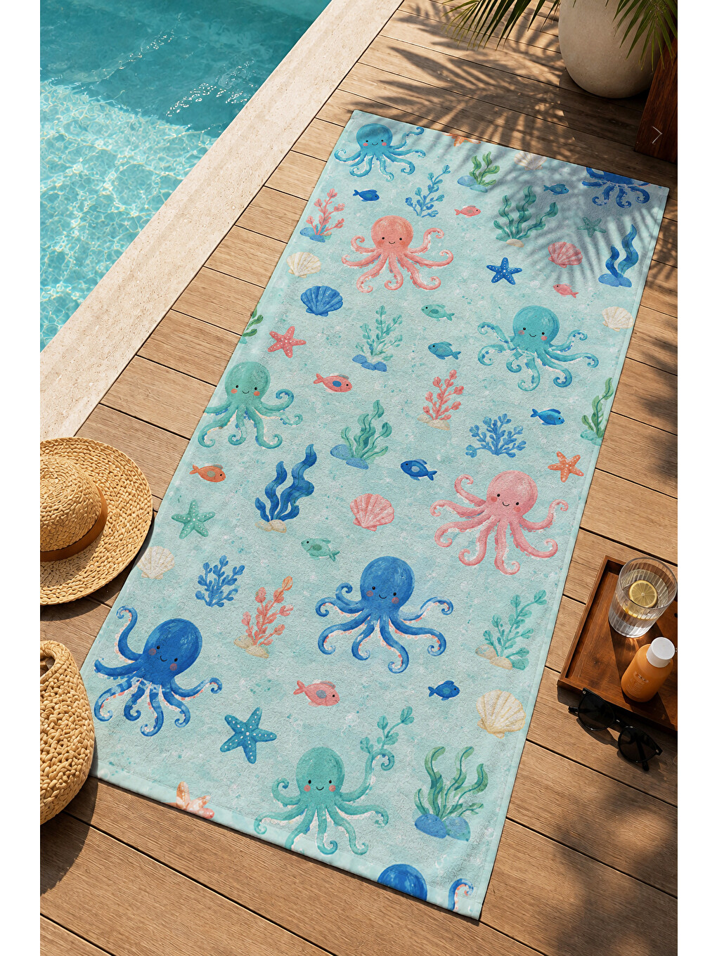 Mavi Renkli Ahtapot Denizatı Yıldız Okyanus Desenli 70x150 Plaj Havlusu - Pamuklu Banyo Havlusu-2
