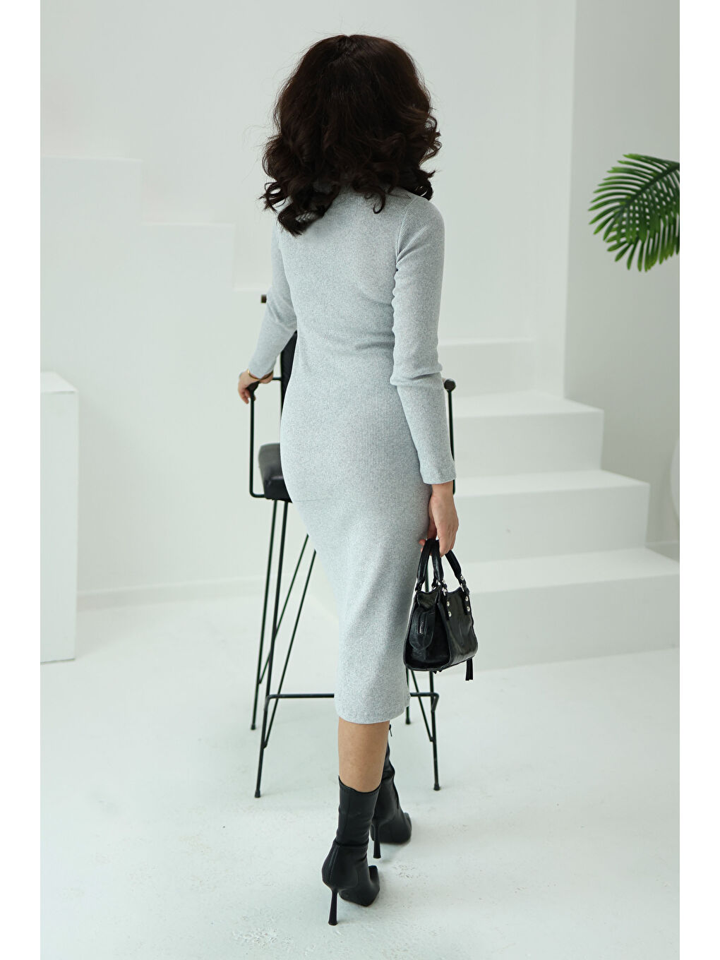 Midi Elbise Gri - 26126-3