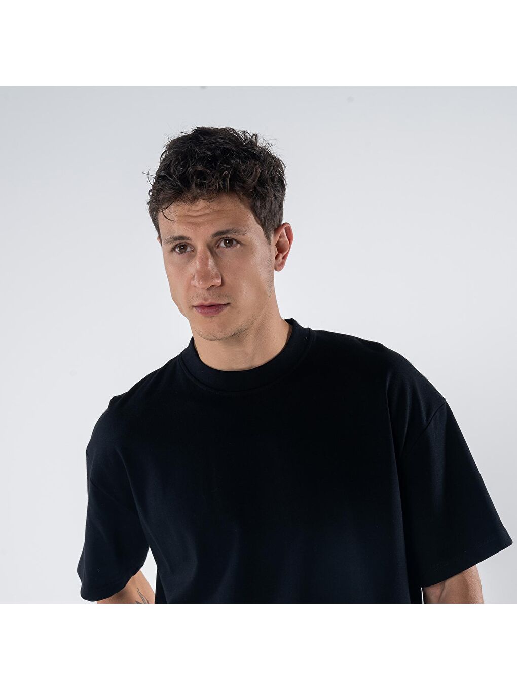 Agar Erkek Siyah %100 Koton Bisiklet Yaka Oversize Tişört-2