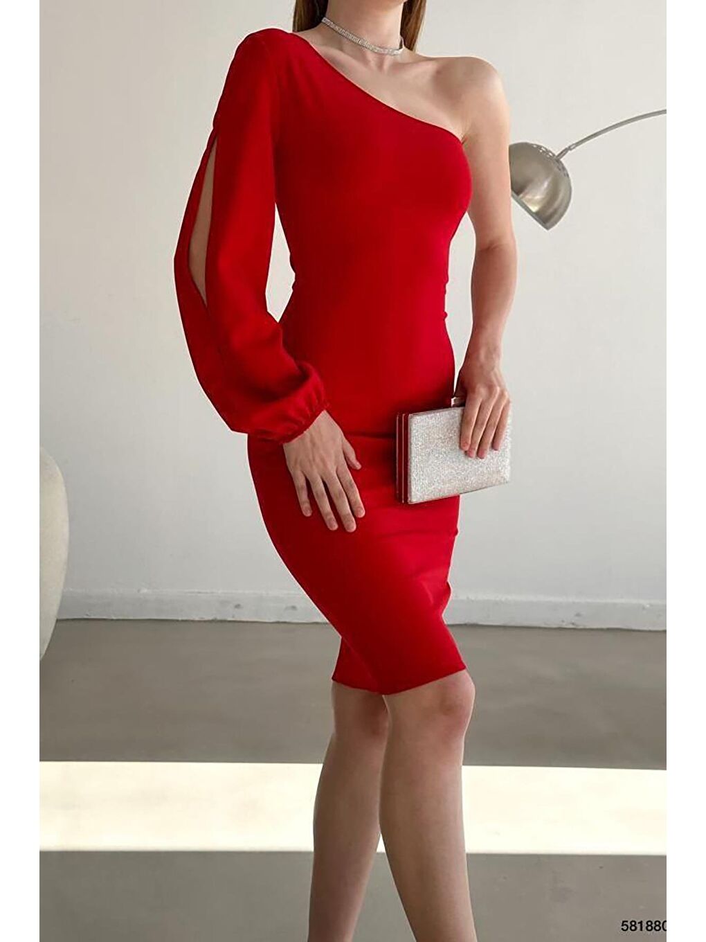 Kırmızı İthal Krep Kumaş Kol Detay Elbise