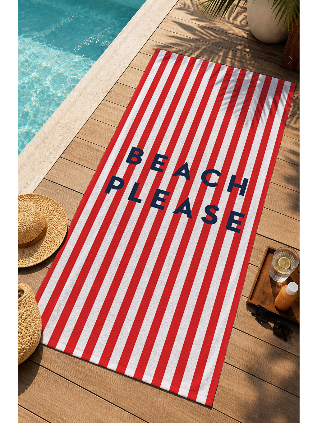 Beach Please Kırmızı Çizgili Desenli 70x150 Plaj Havlusu - Dijital Baskılı Solmaz Banyo Havlusu-1
