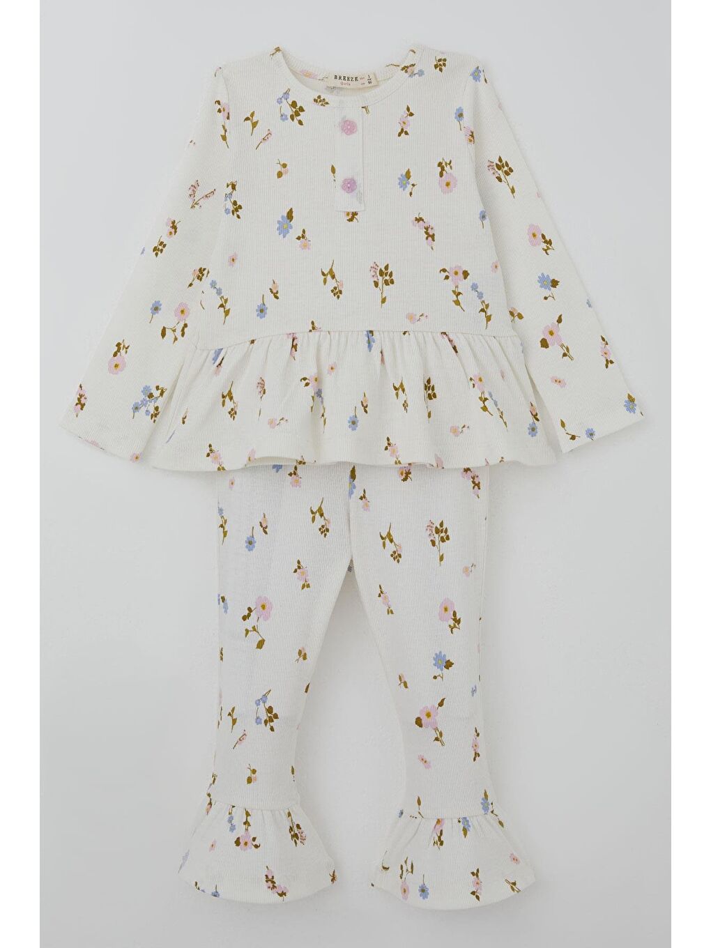 Kız Çocuk Taytlı Takım Çiçek Desenli Paça Kısmı Fırfır Detaylı Beyaz (3-7 Yaş)