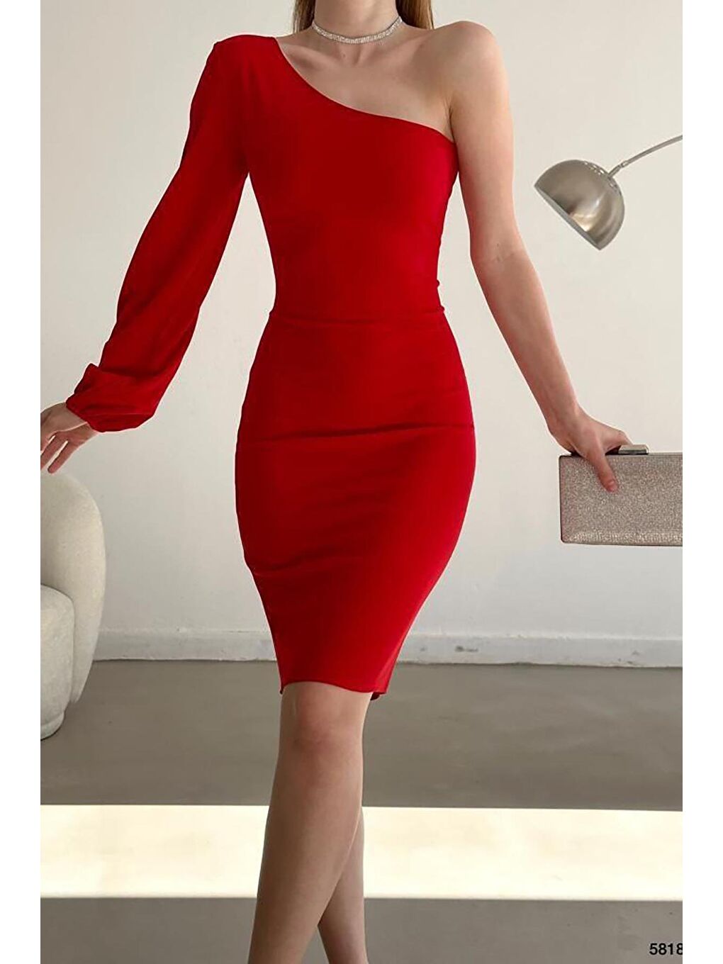Kırmızı İthal Krep Kumaş Kol Detay Elbise-2
