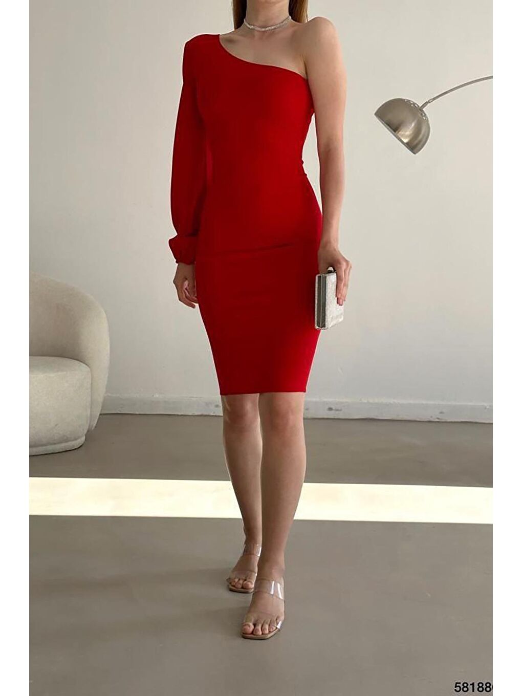 Kırmızı İthal Krep Kumaş Kol Detay Elbise-3