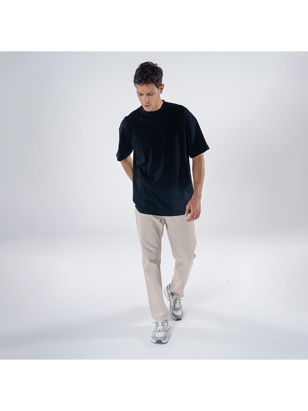 Agar Erkek Siyah %100 Koton Bisiklet Yaka Oversize Tişört-3