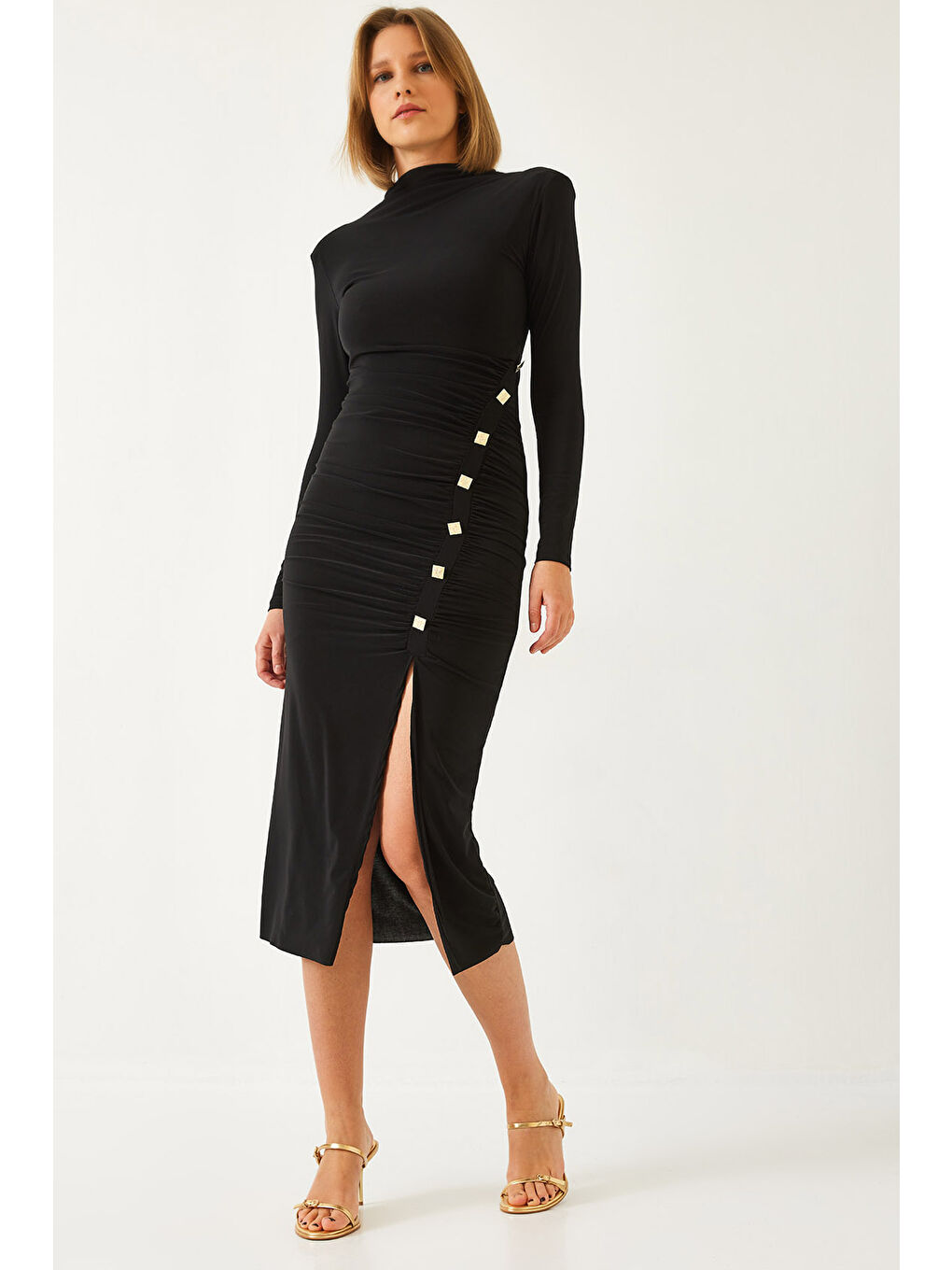 Siyah Kadın Düğme Detaylı Uzun Candy Kumaş Elbise