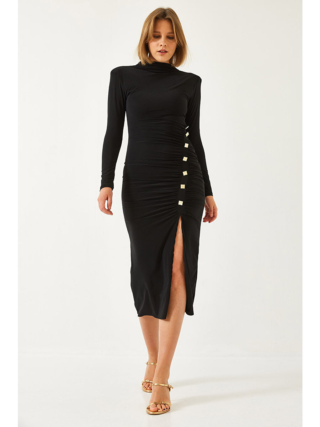 Siyah Kadın Düğme Detaylı Uzun Candy Kumaş Elbise-1