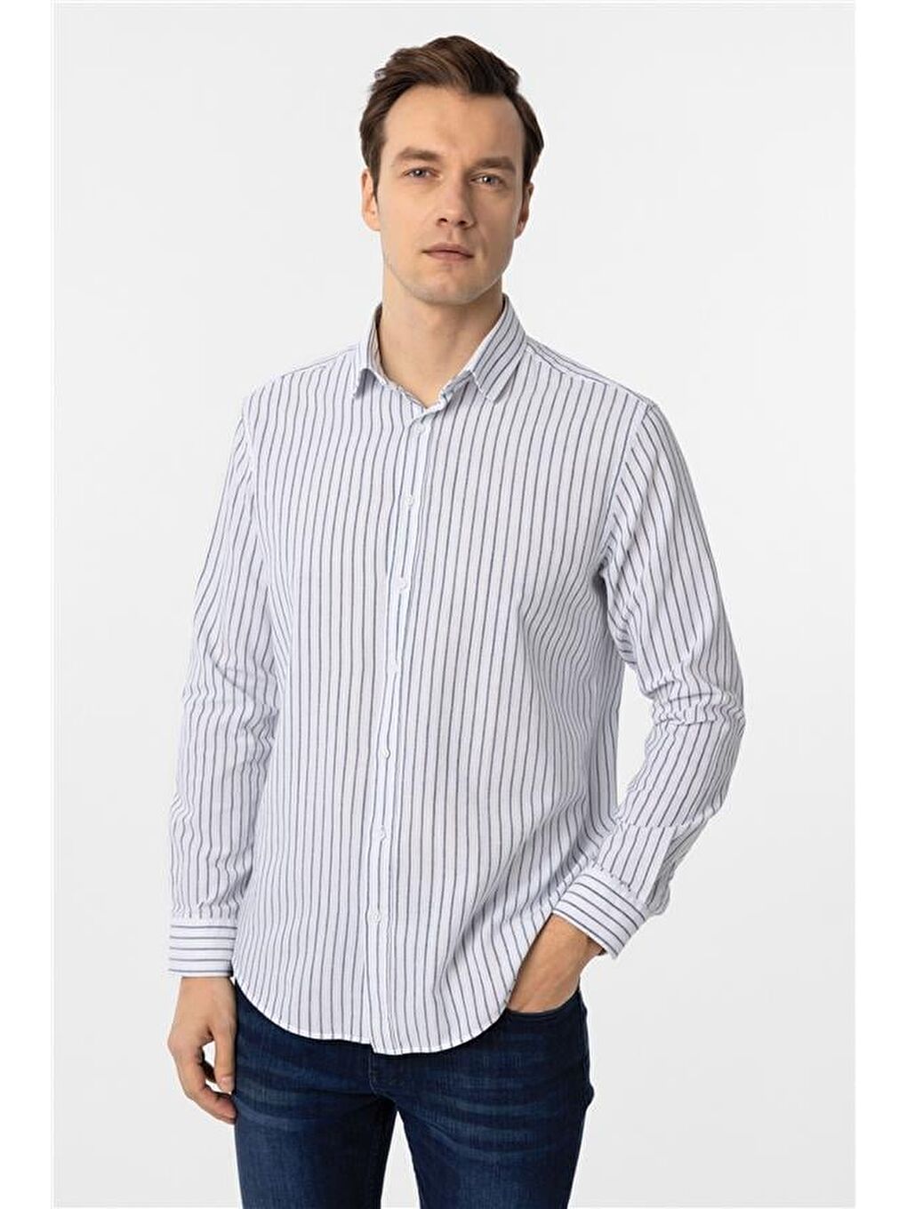 Lacivert Regular Düz Düğmeli Yaka Gömlek-1