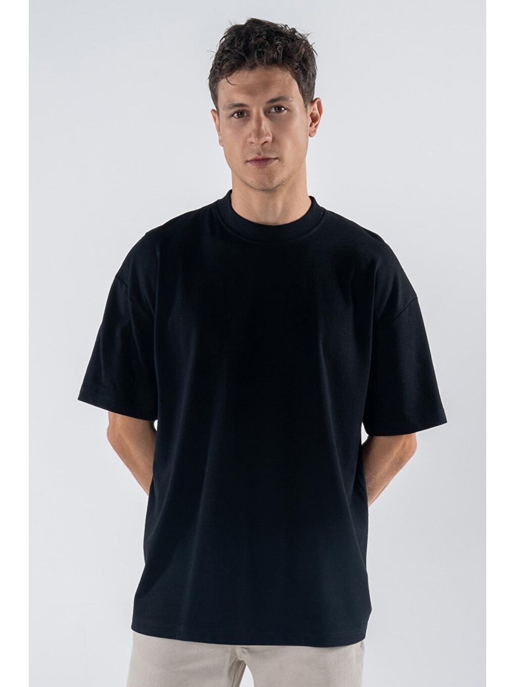 Agar Erkek Siyah %100 Koton Bisiklet Yaka Oversize Tişört-4