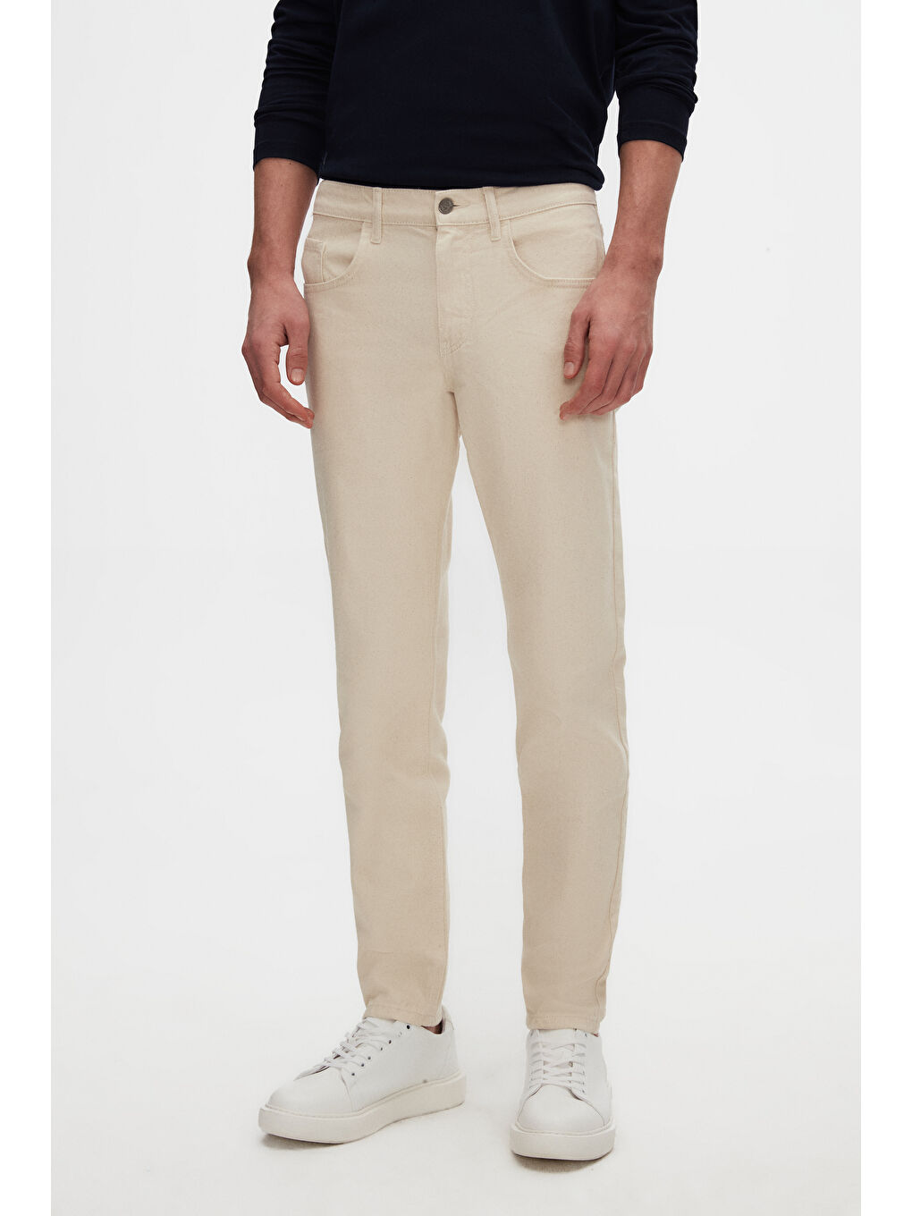 Comfort Fit Ekru Düz Jean Beş Cepli Elastanlı Yıkamalı Denim Pantolon