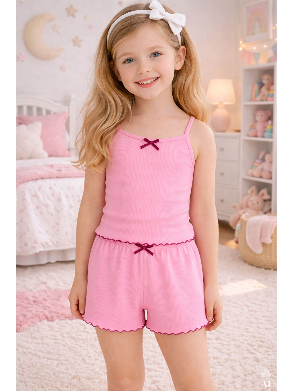 Pembe Kız Çocuk Pamuklu Fiyonklu Askılı Şortlu Pijama Takımı