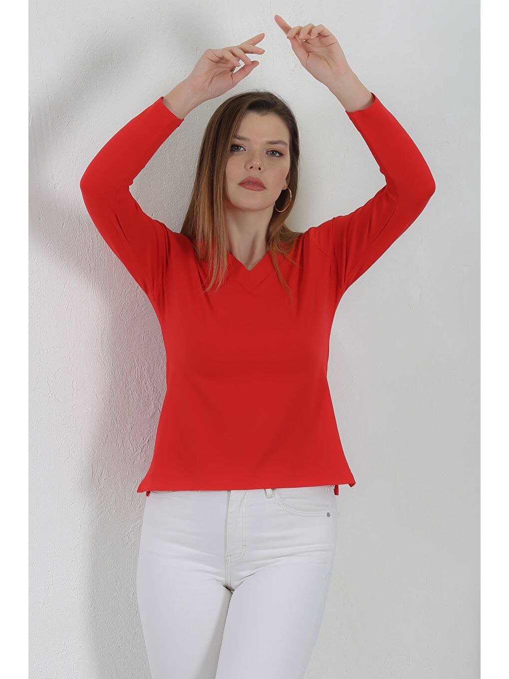 Kırmızı V Yaka Uzun Kol Yırtmaçlı Casual Örme Bluz-2