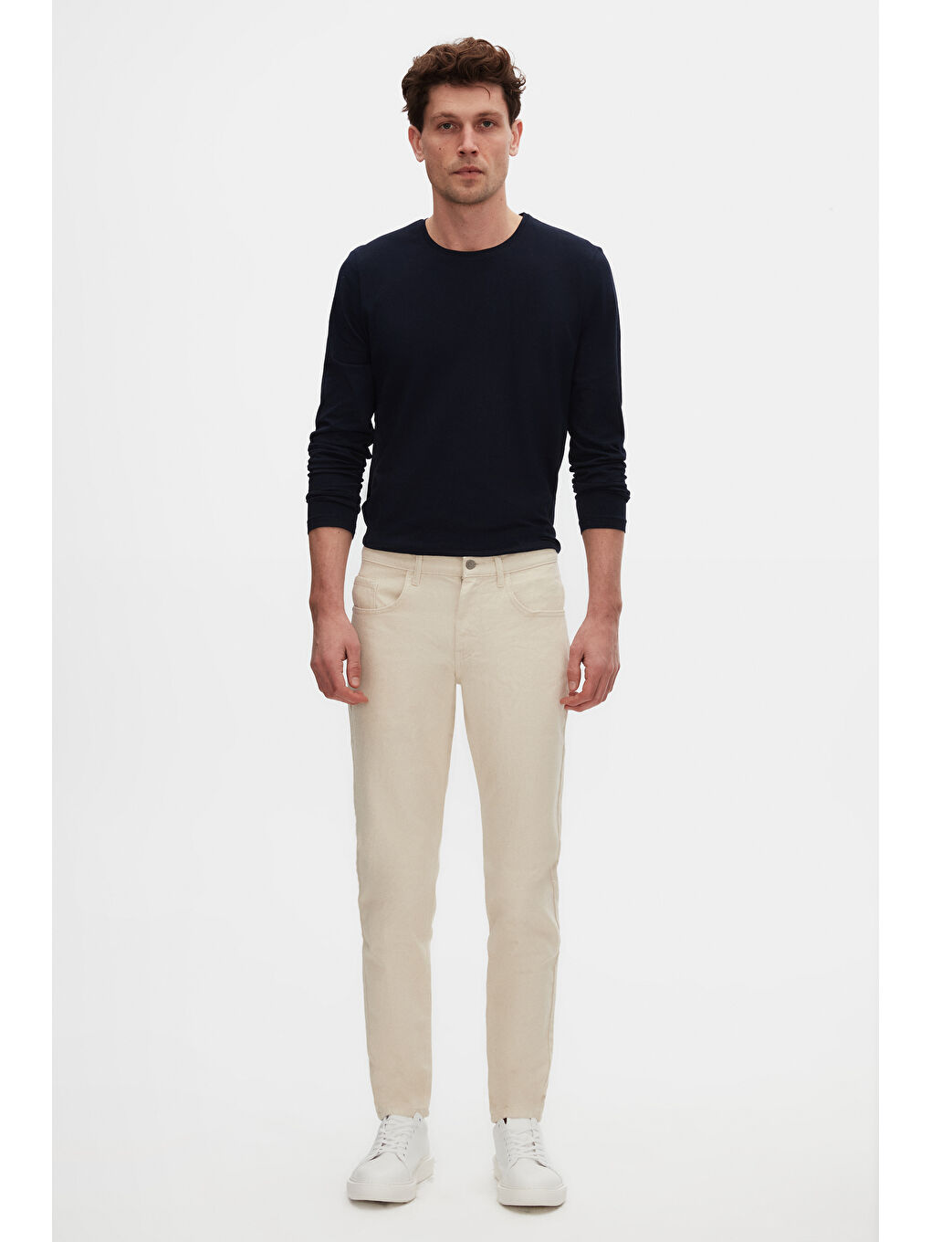 Comfort Fit Ekru Düz Jean Beş Cepli Elastanlı Yıkamalı Denim Pantolon-1