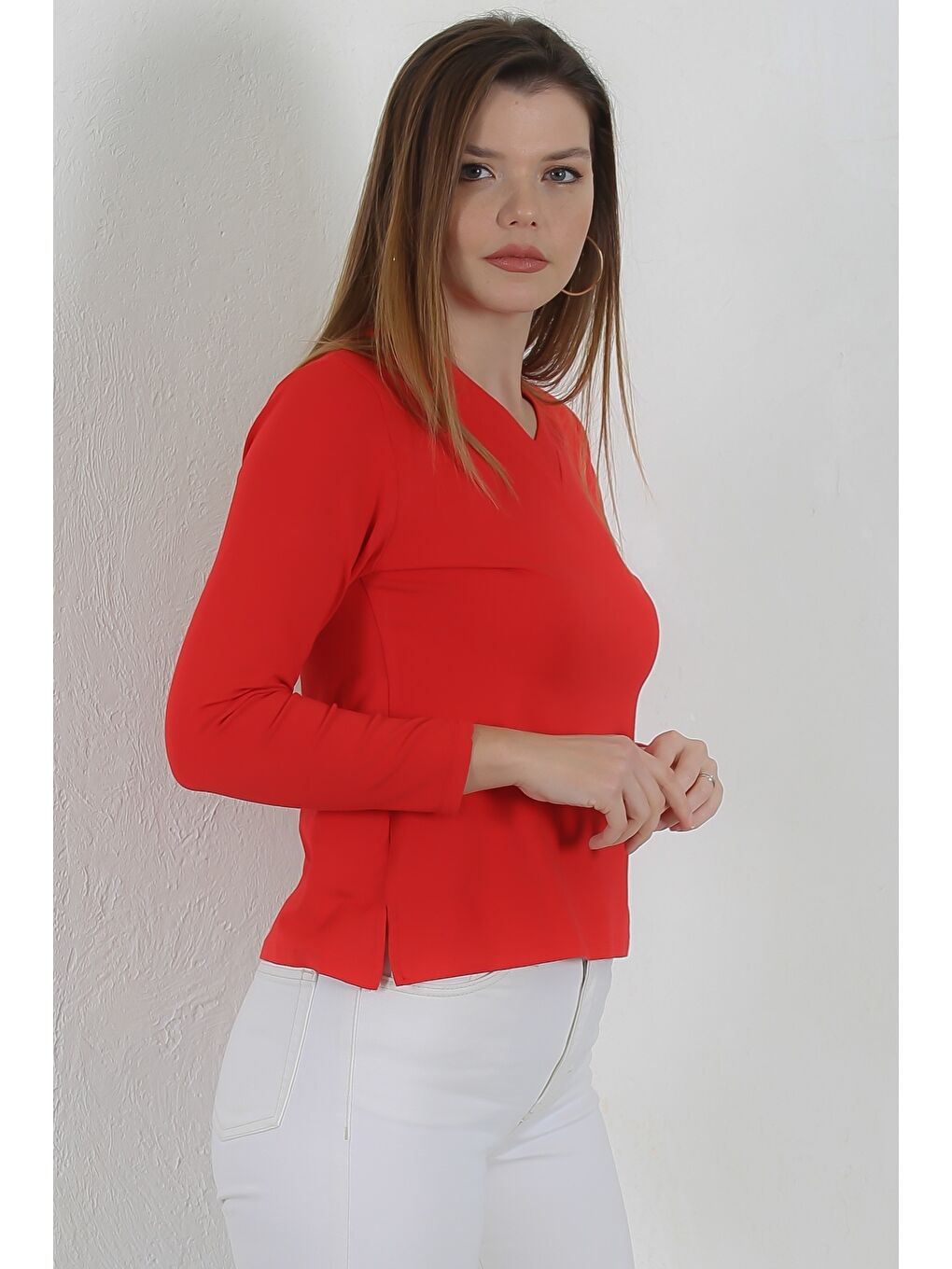 Kırmızı V Yaka Uzun Kol Yırtmaçlı Casual Örme Bluz-3