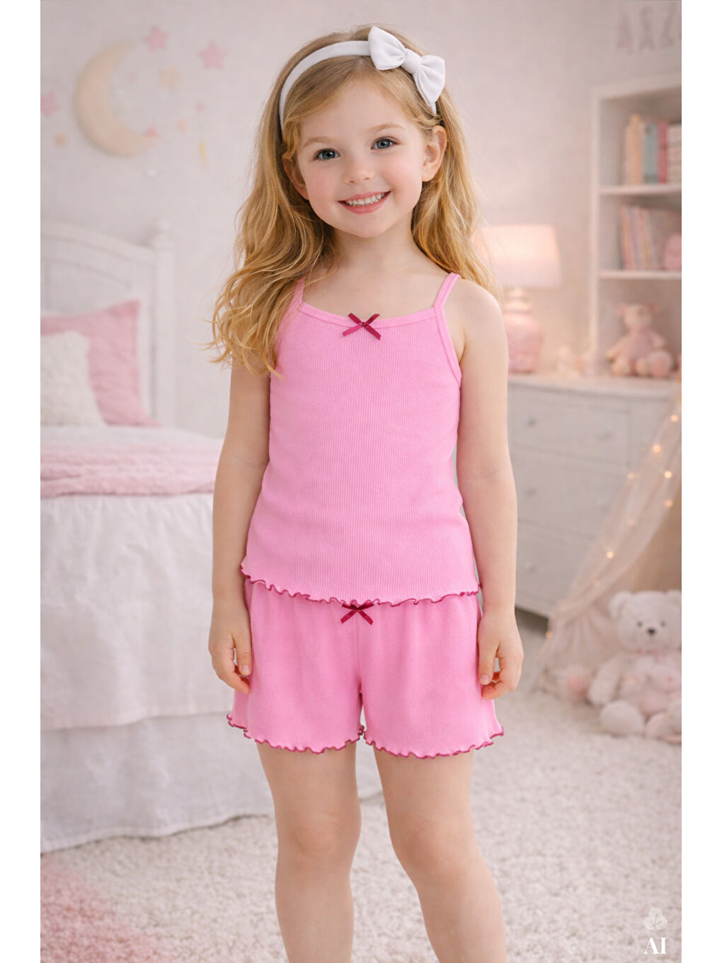 Pembe Kız Çocuk Pamuklu Fiyonklu Askılı Şortlu Pijama Takımı-1