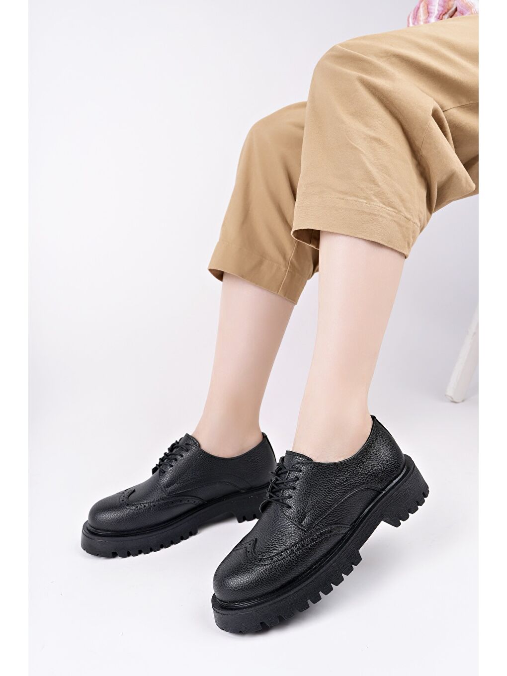 Siyah FLARE Kalın Taban Bağcıklı Günlük Casual Makosen Kadın Loafer Ayakkabı-4