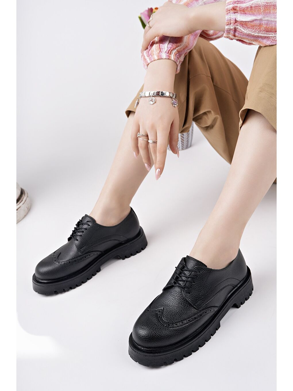 Siyah FLARE Kalın Taban Bağcıklı Günlük Casual Makosen Kadın Loafer Ayakkabı-5