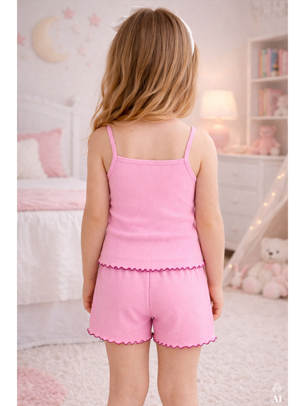 Pembe Kız Çocuk Pamuklu Fiyonklu Askılı Şortlu Pijama Takımı-3