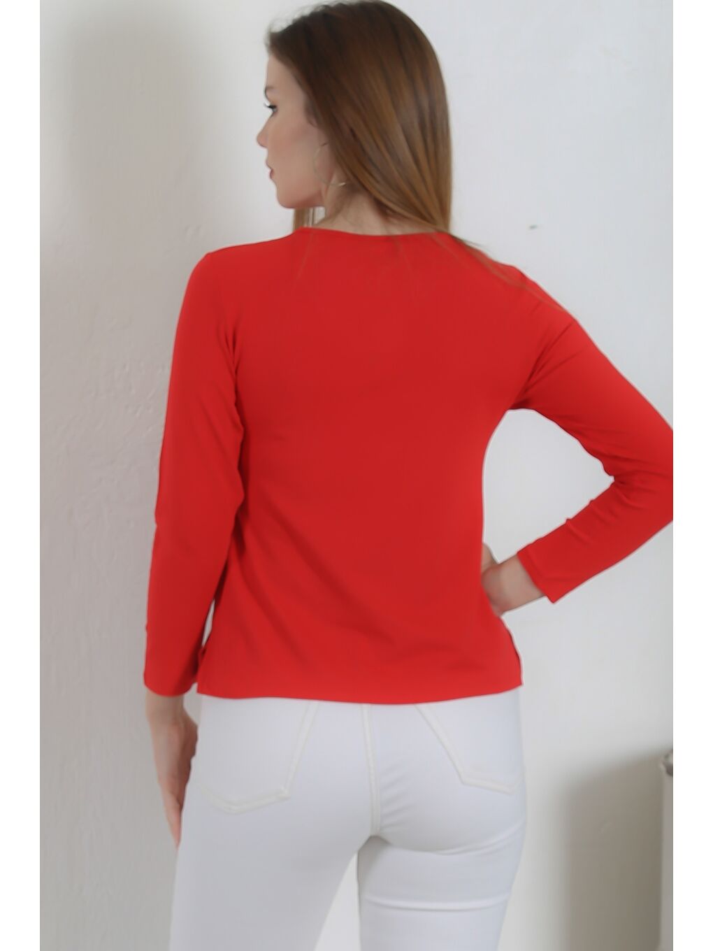 Kırmızı V Yaka Uzun Kol Yırtmaçlı Casual Örme Bluz-5