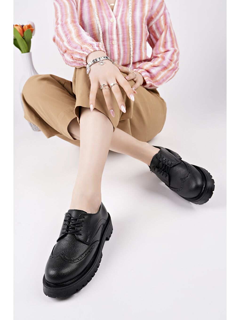 Siyah FLARE Kalın Taban Bağcıklı Günlük Casual Makosen Kadın Loafer Ayakkabı-6