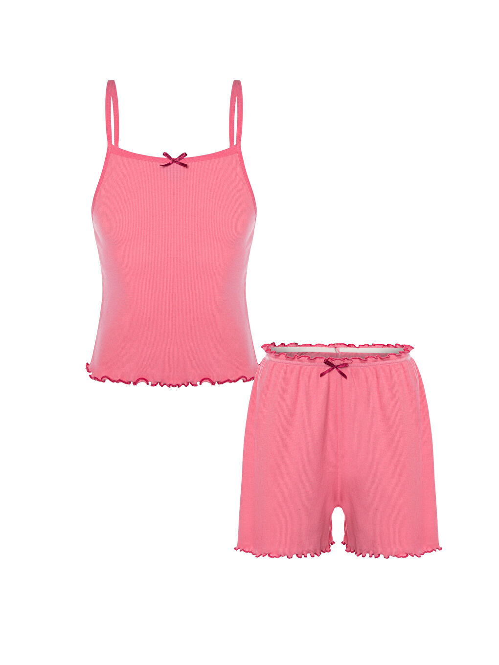 Pembe Kız Çocuk Pamuklu Fiyonklu Askılı Şortlu Pijama Takımı-4