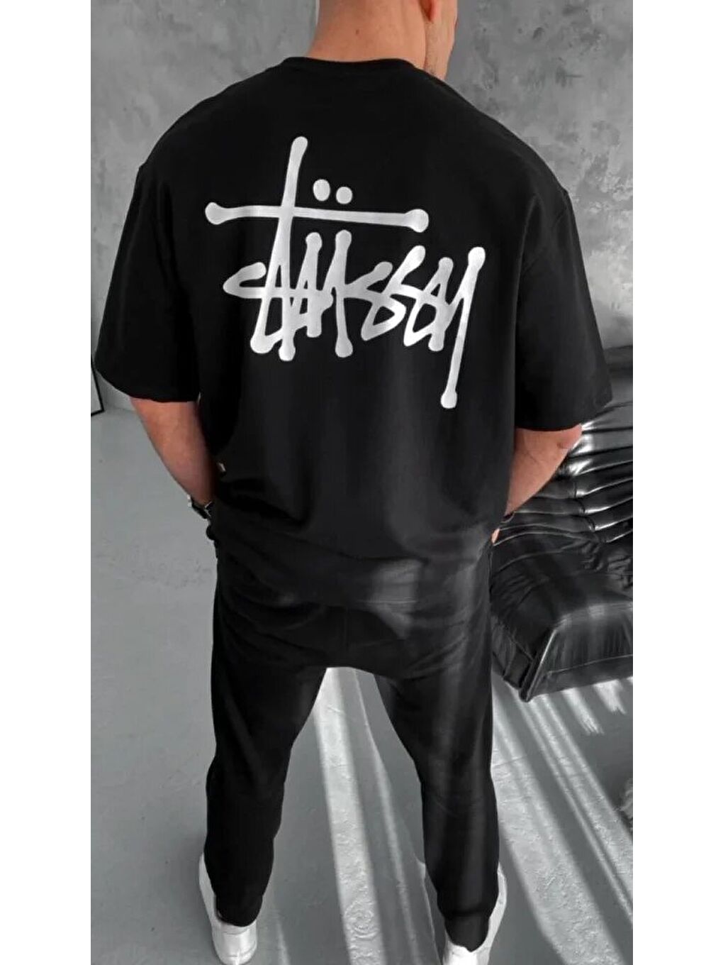 Unisex Bisiklet Yaka Baskılı Oversize T-Shirt - Siyah-1