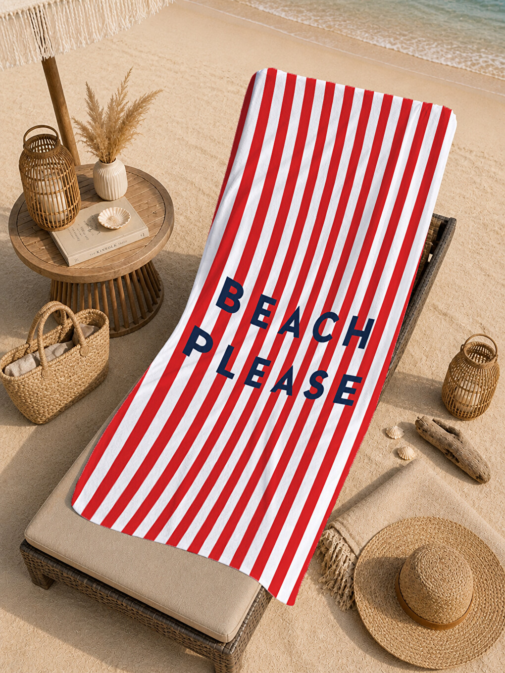 Beach Please Kırmızı Çizgili Desenli 70x150 Plaj Havlusu - Dijital Baskılı Solmaz Banyo Havlusu-3