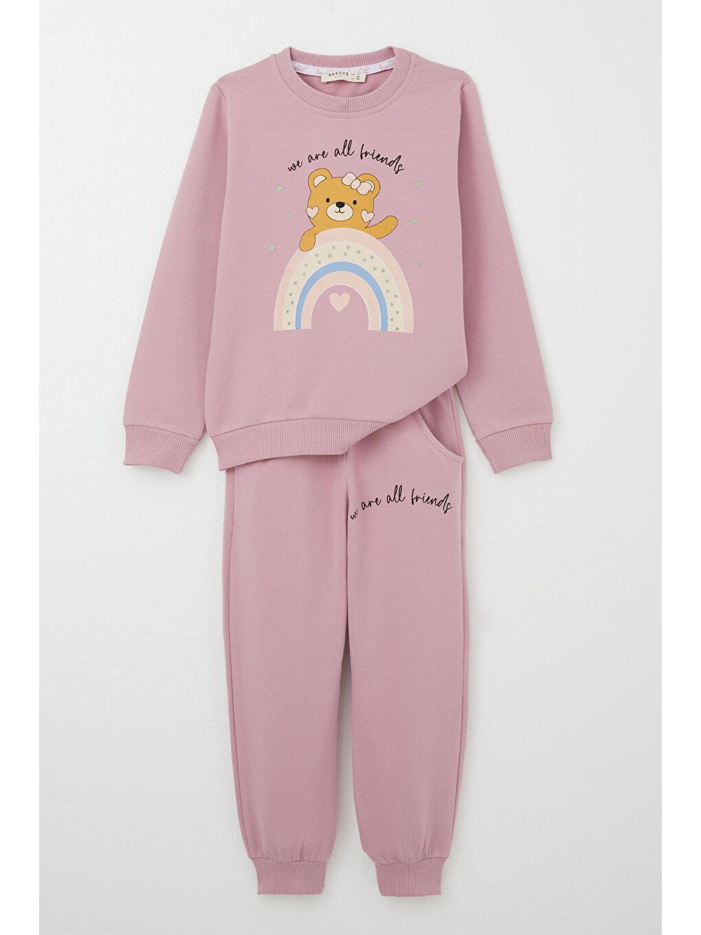 Pembe Kız Çocuk Eşofman Takım Arkadaşlık Temalı Sevimli Ayıcık Baskılı Gülkurusu (1-4 Yaş)-1