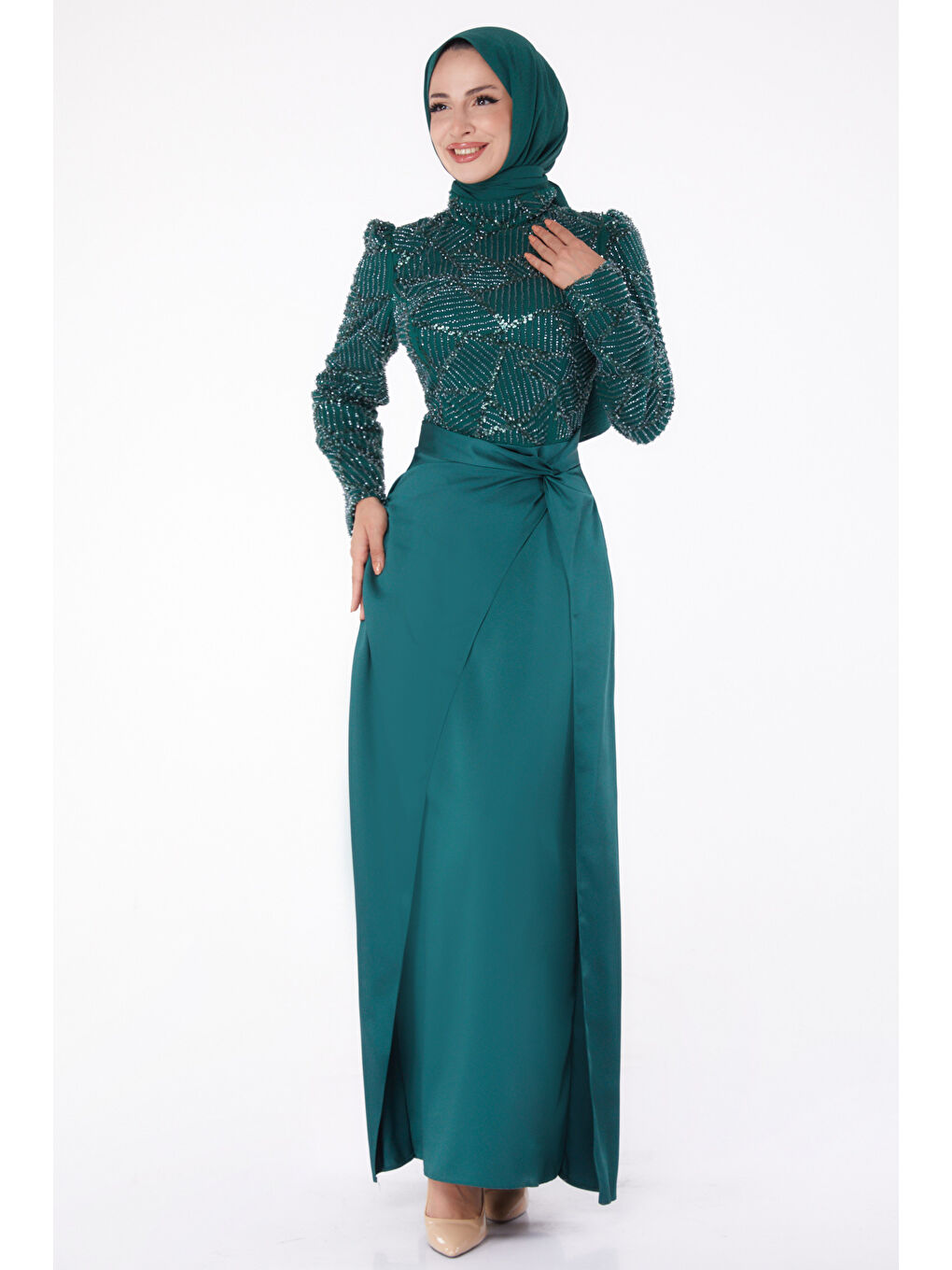 Yeşil Taşlı Abiye Elbise Zümrüt - 26196