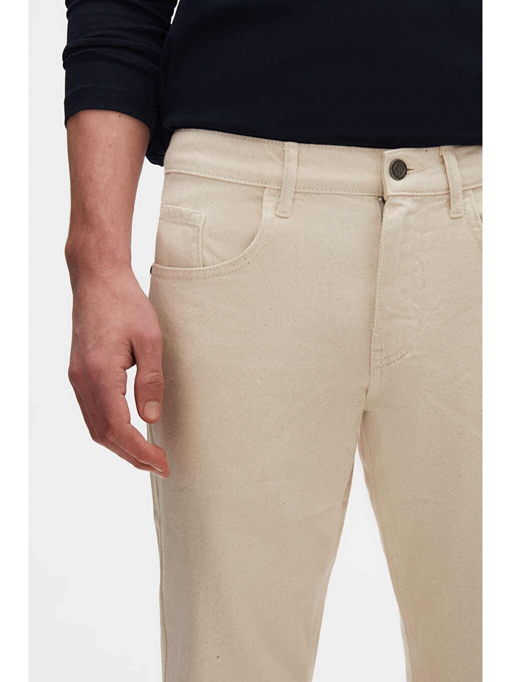 Comfort Fit Ekru Düz Jean Beş Cepli Elastanlı Yıkamalı Denim Pantolon-5