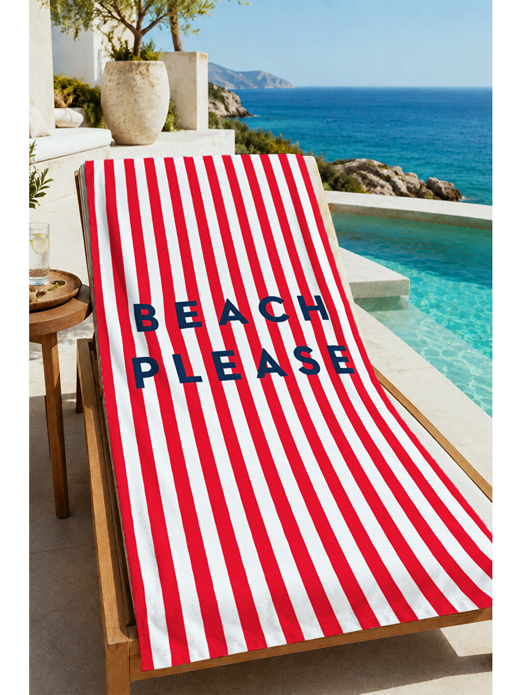 Beach Please Kırmızı Çizgili Desenli 70x150 Plaj Havlusu - Dijital Baskılı Solmaz Banyo Havlusu-4