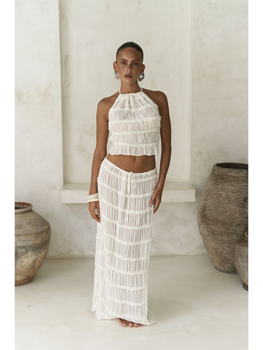 Sofi Transparan Ekru Crop Etek Takım-5