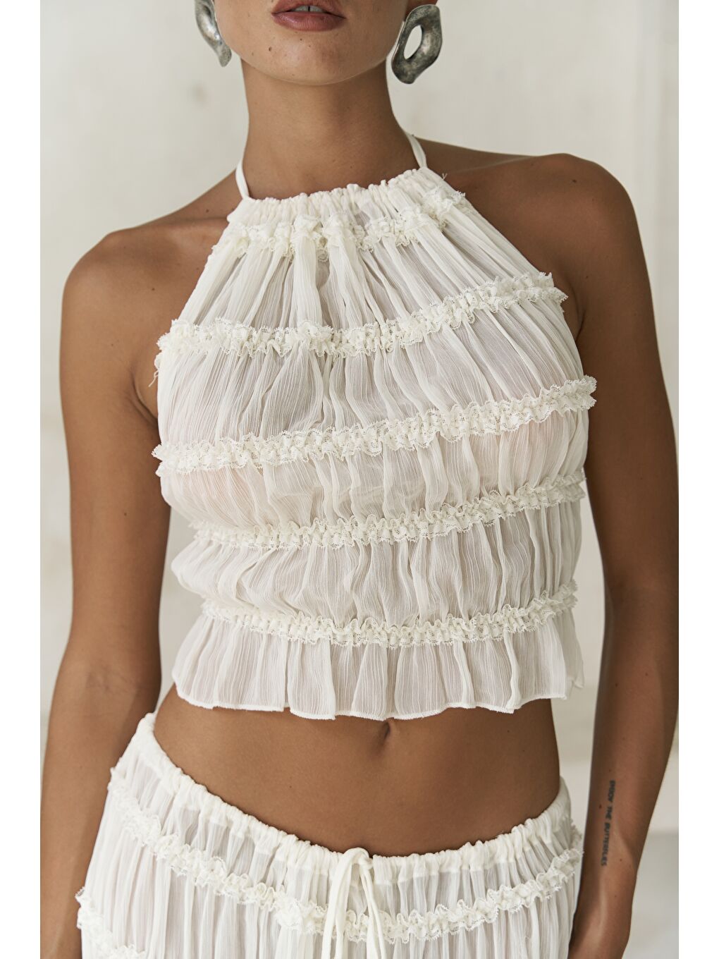 Sofi Transparan Ekru Crop Etek Takım-7