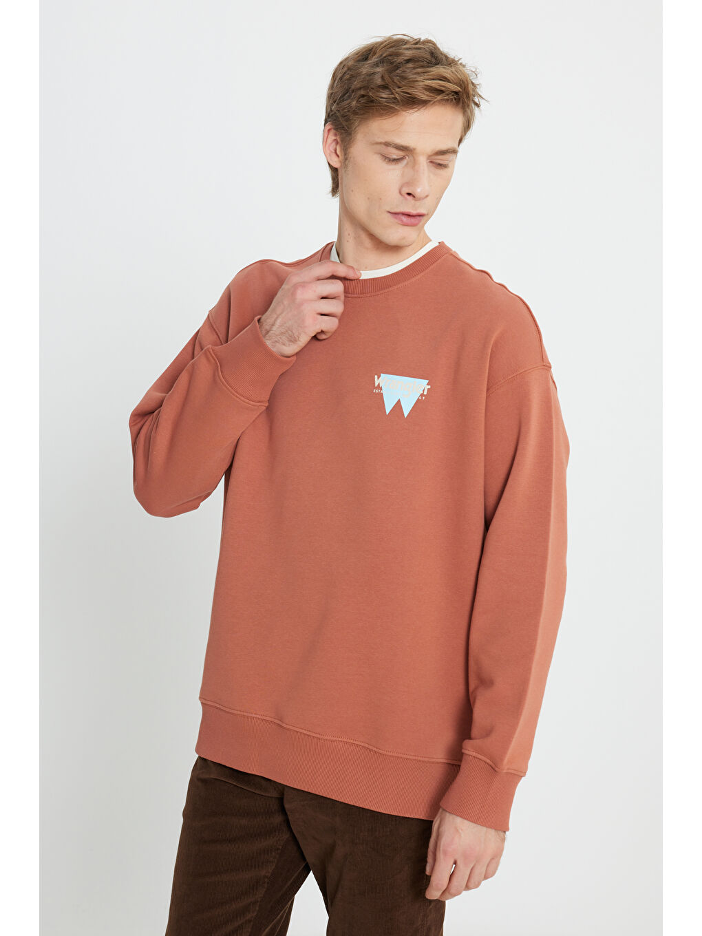 Kahverengi Oversize Fit Geniş Kesim Bisiklet Yaka Şardonlu Tarçın Sweatshirt-1