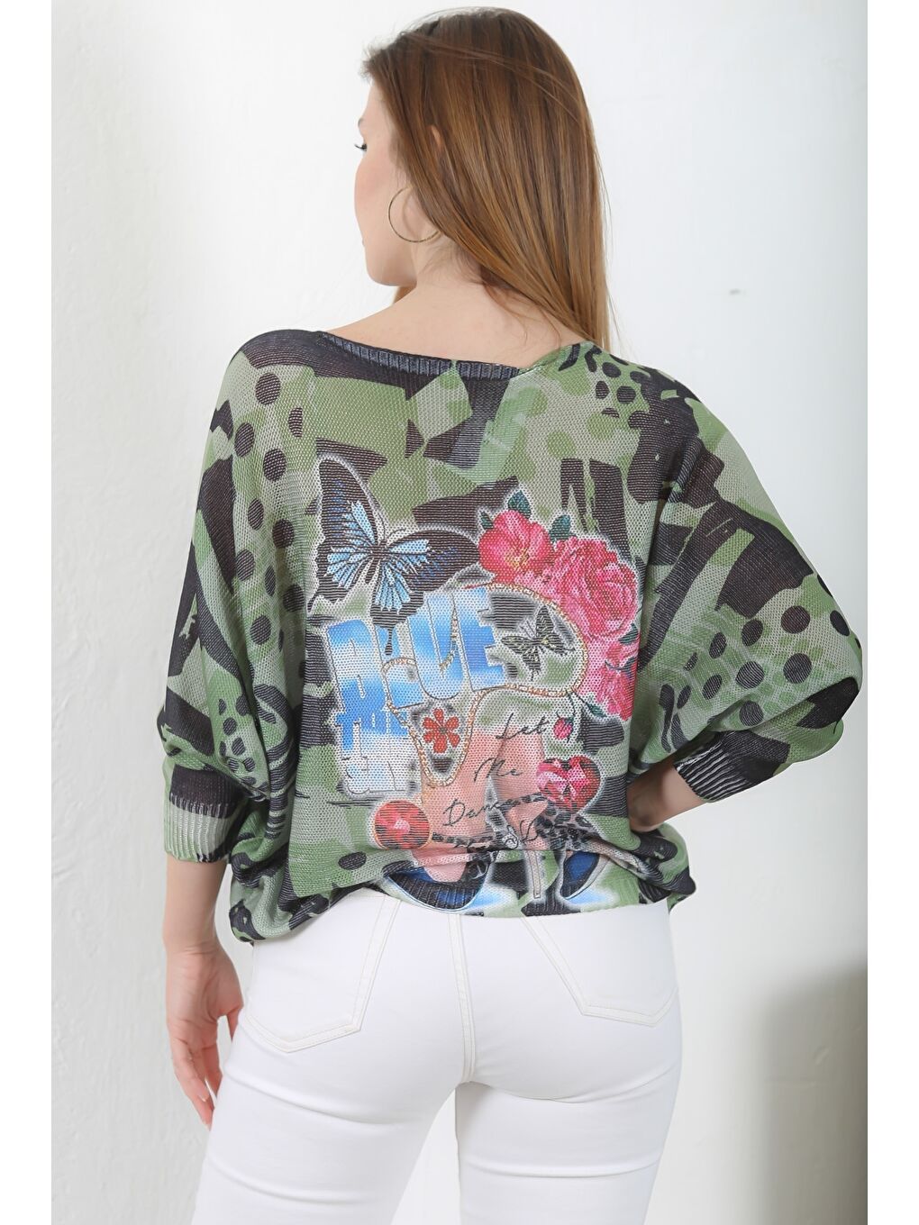 İtalyan Koyu Yeşil Kayık Yaka Yarasa Kol Dijital Baskılı Casual Triko Bluz-5