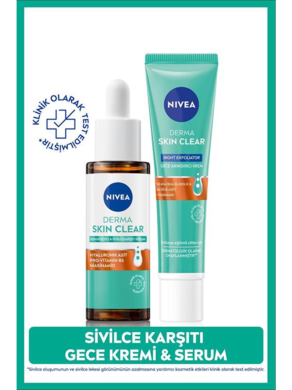 Derma Skin Clear Karşıtı Cilt Serumu 30ml Ve Gece Arındırıcı Krem 40ml, Niasinamid, Hyaluronik Asit