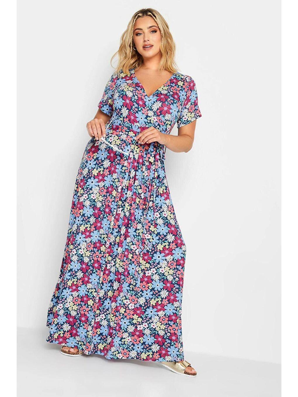 Mavi Büyük Beden V Yaka Desenli Kuşaklı Elastanlı Yarım Kol Anvelop Elbise 302375