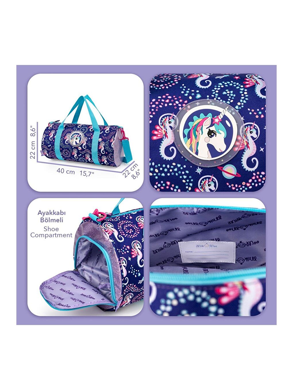 Mor Ayris Çocuk Spor Çantası Ayakkabı Bölmeli Ayarlanabilir Askılı-6