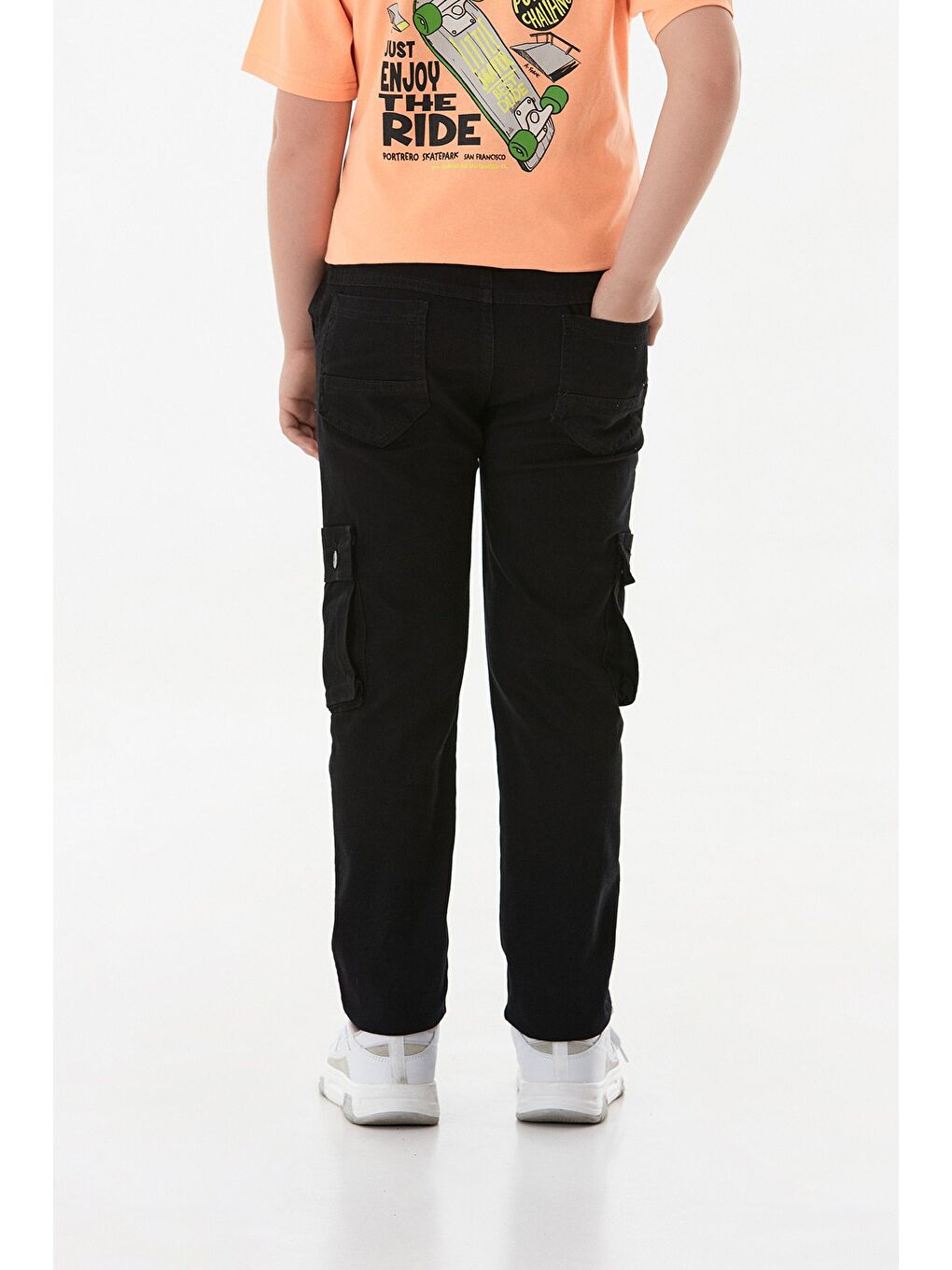 Siyah Beli Lastikli Fermuarlı Kargo Cepli Erkek Çocuk Pantolon-1