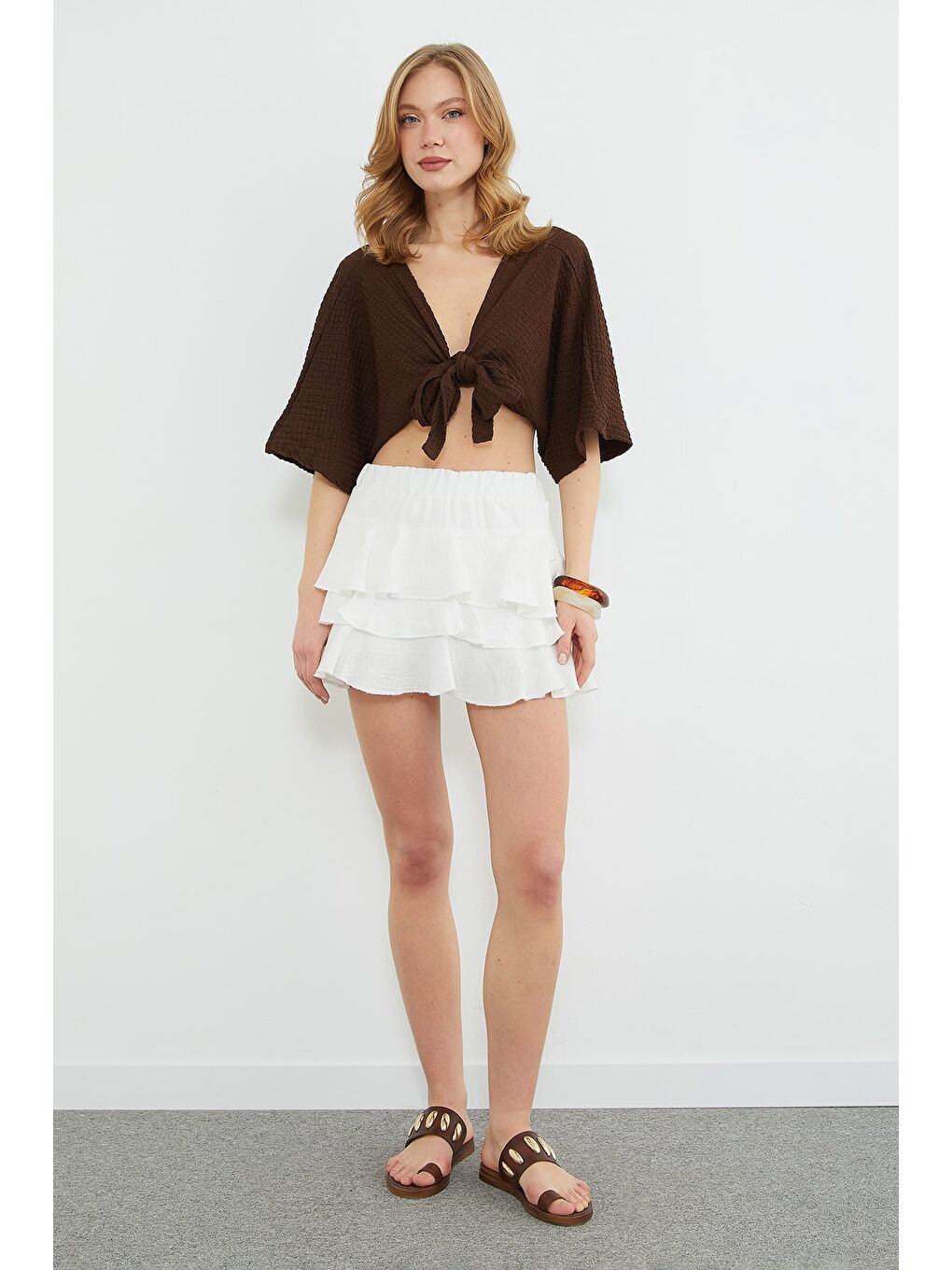 Beyaz Beli Lastikli Müslin Kumaş Mini Boy Şort Etek-2