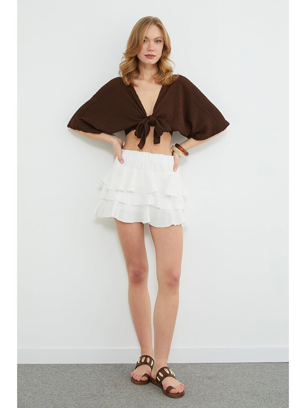 Beyaz Beli Lastikli Müslin Kumaş Mini Boy Şort Etek-3