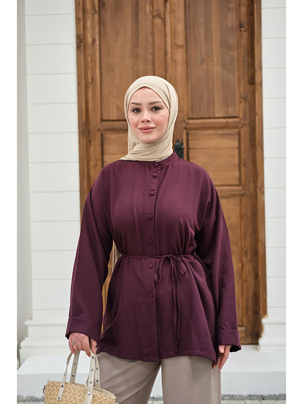 Kadın Duble Kol Yırtmaçlı Gömlek Mürdüm-1