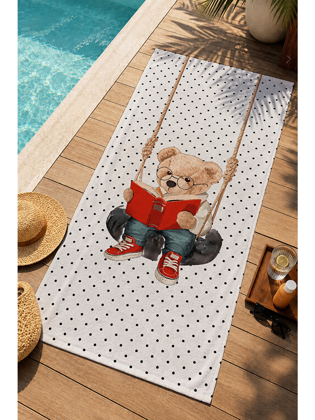 Bej Sevimli Scooterlı Ayıcık Mini Puantiyeli Desenli 70x150 Plaj Havlusu - Dijital Baskılı Banyo Havlusu-2