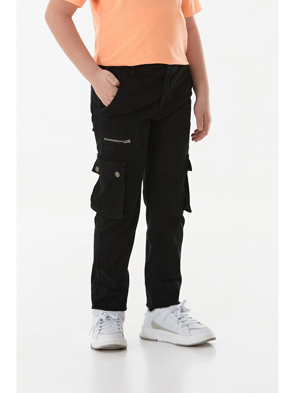Siyah Beli Lastikli Fermuarlı Kargo Cepli Erkek Çocuk Pantolon-2