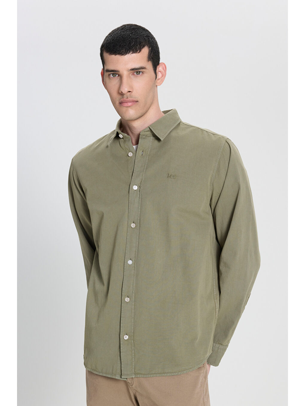Yeşil Regular Fit Normal Kesim %100 Pamuk Haki Uzun Kollu Gömlek-1