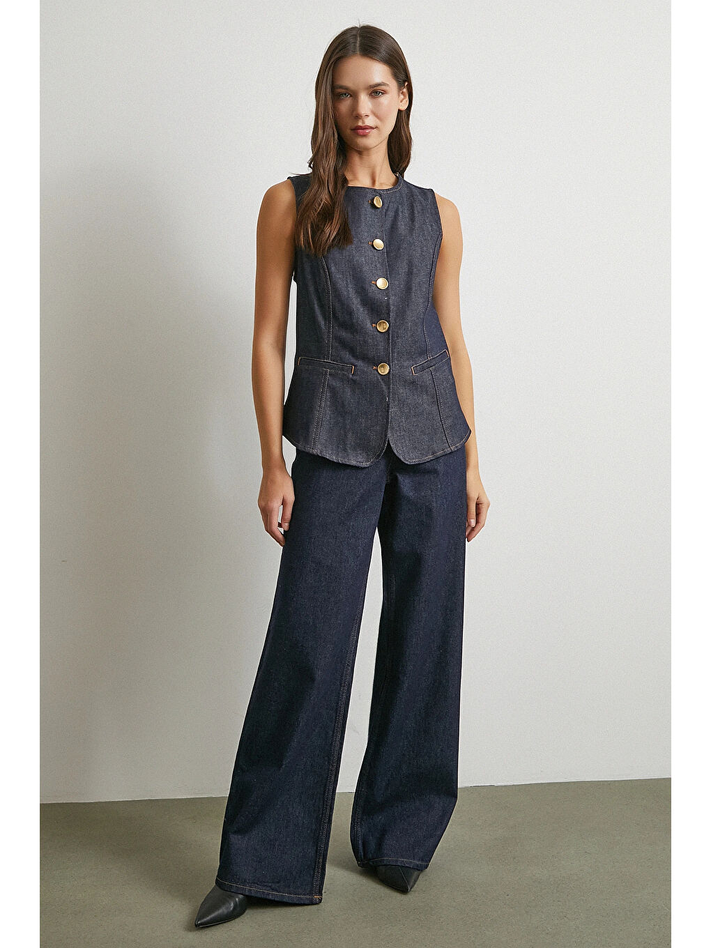 Bisiklet Yaka Metal Düğmeli Denim Yelek Lacivert-1