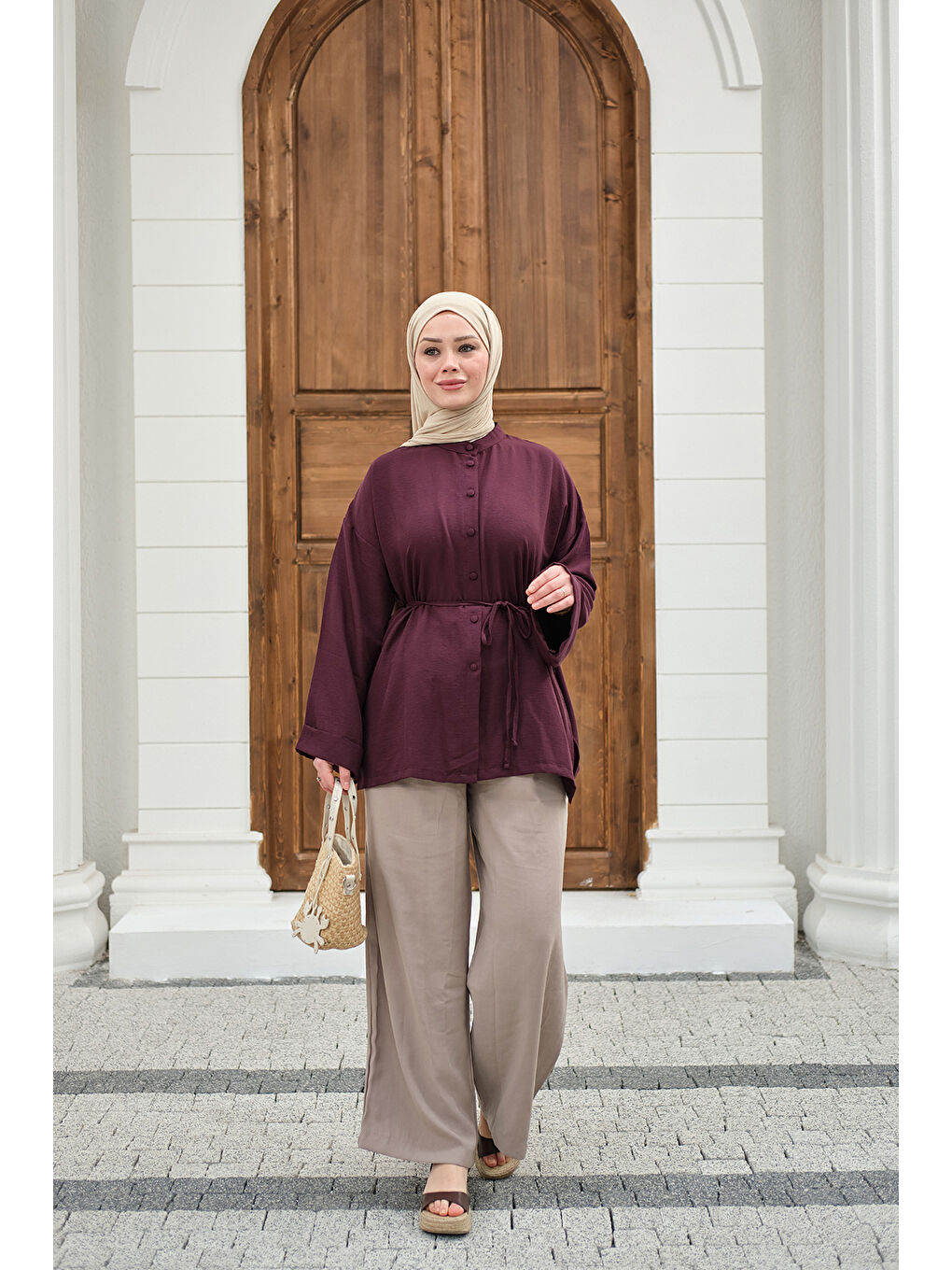 Kadın Duble Kol Yırtmaçlı Gömlek Mürdüm-2