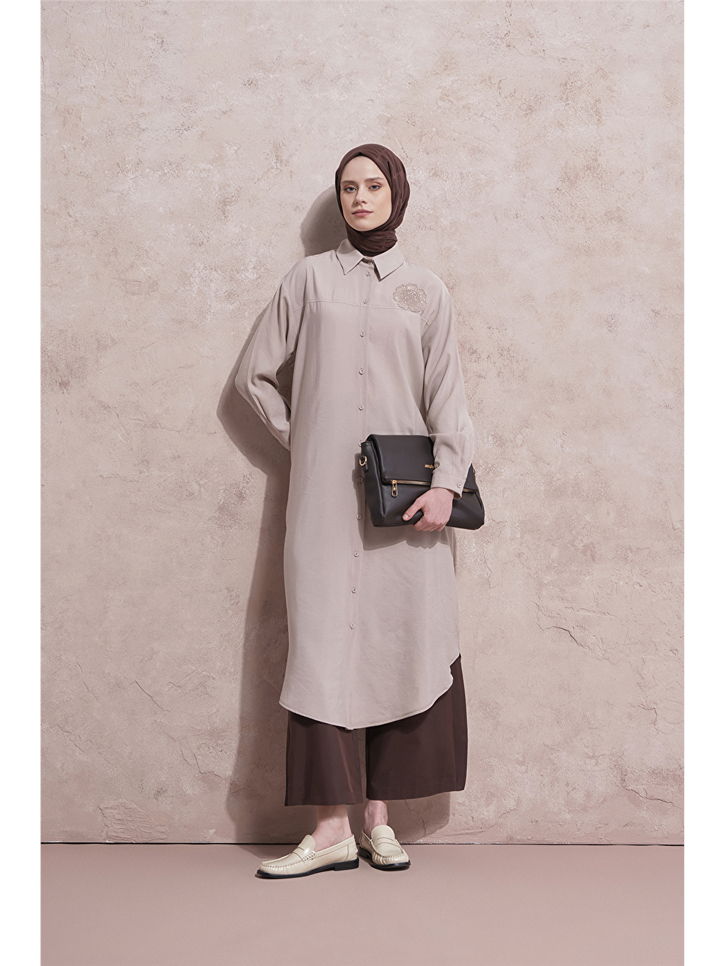 İşlemeli Tunik Elbise Bej-1